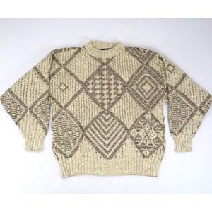 VINTAGE Boat House Row Sweater Men Large Beige Diamond Wool Blend‎ Made USA